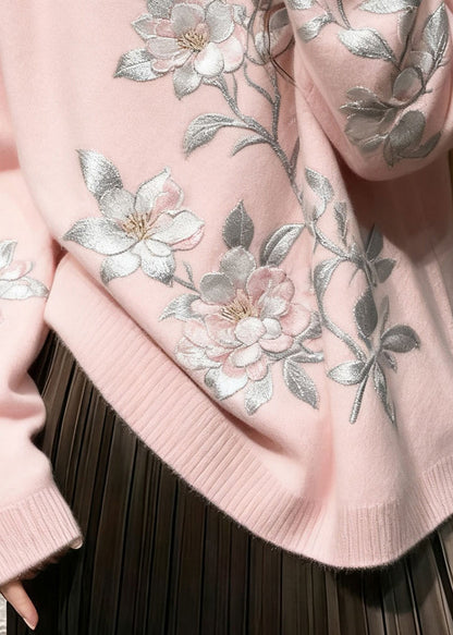 Suéteres acogedores de punto con flores bordadas en rosa francés para invierno