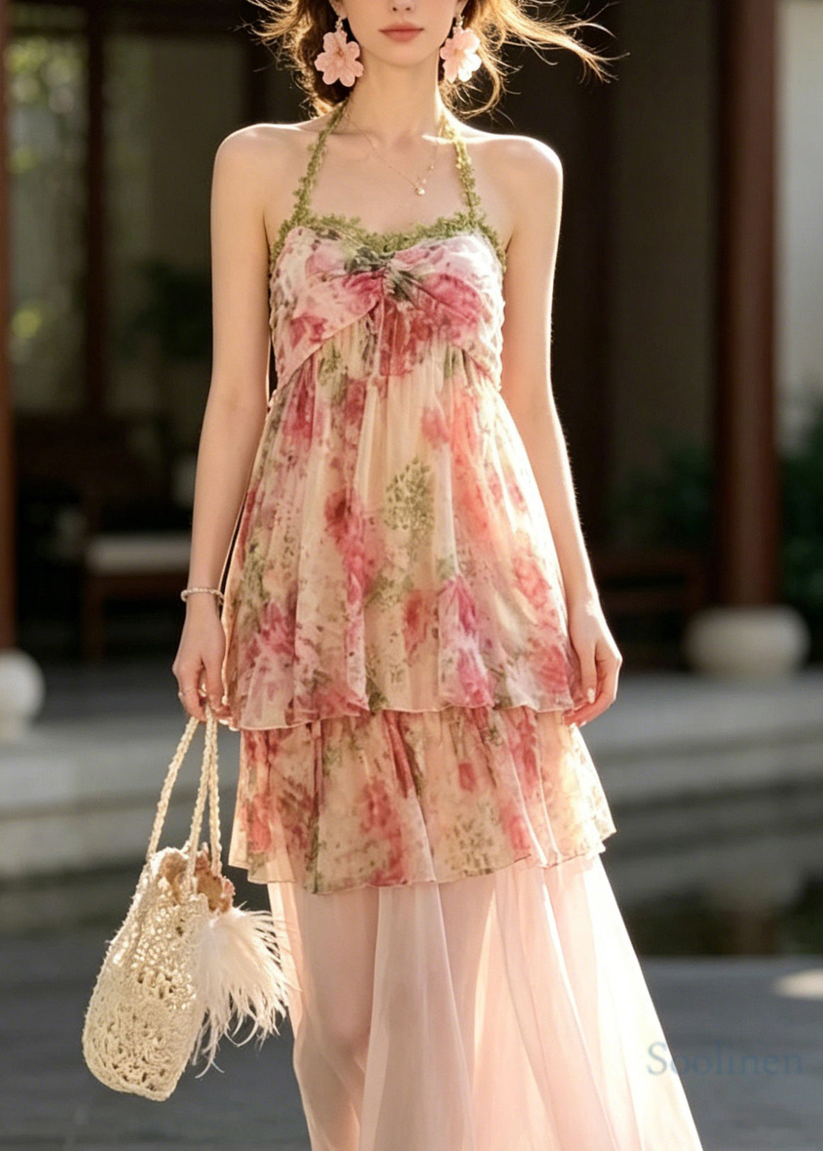 French Pink Halter Print Top And Skirts Chiffon Two Pieces Set Summer