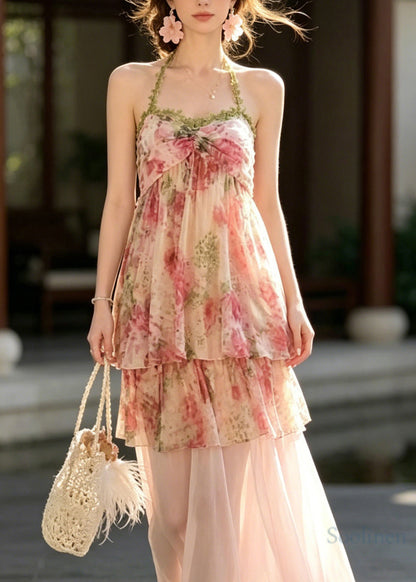 French Pink Halter Print Top And Skirts Chiffon Two Pieces Set Summer