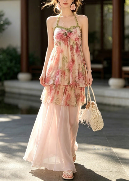 French Pink Halter Print Top And Skirts Chiffon Two Pieces Set Summer