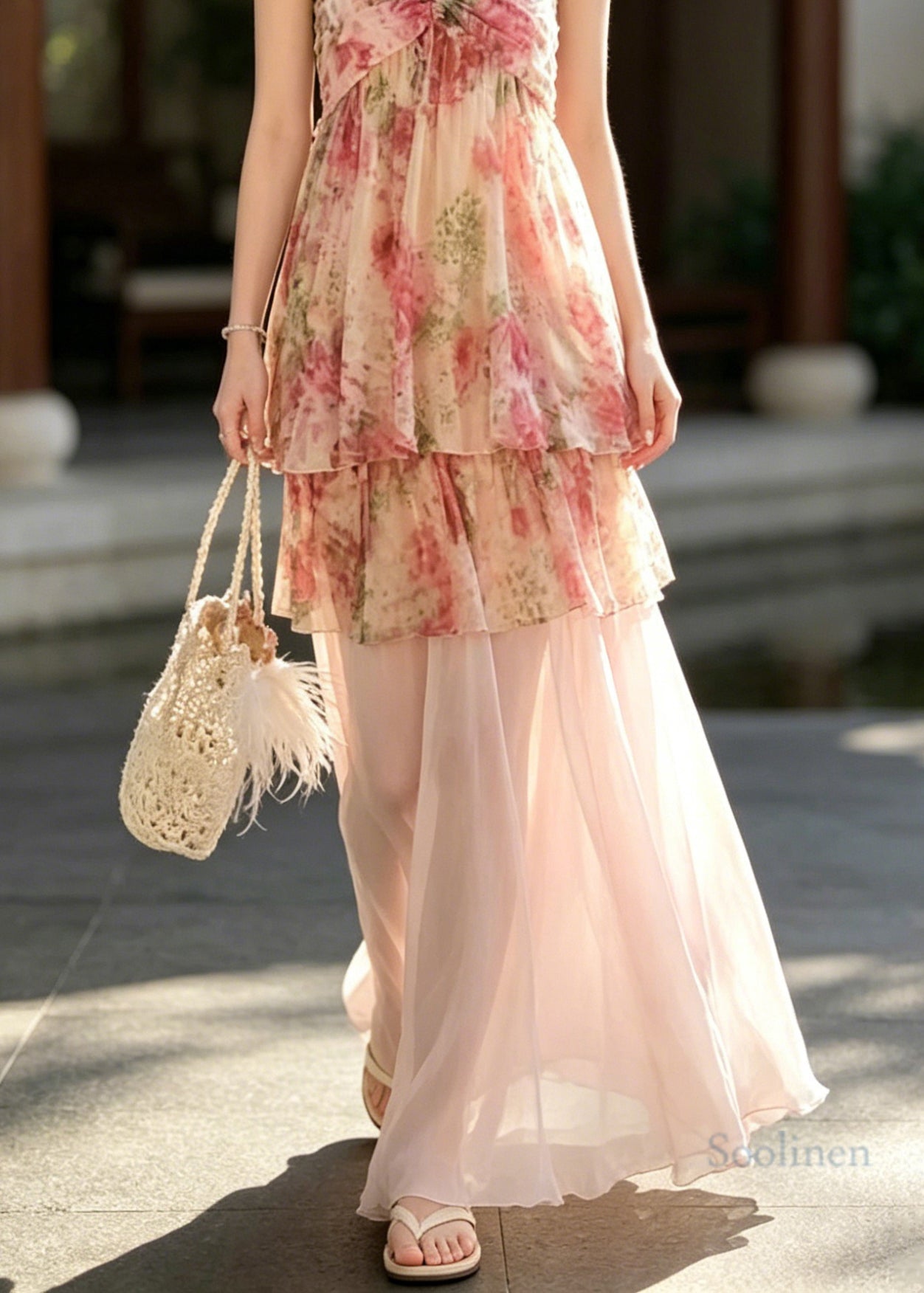 French Pink Halter Print Top And Skirts Chiffon Two Pieces Set Summer