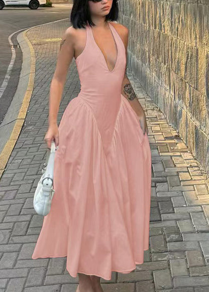 French Pink Halter V Neck Cotton Vacation Dresses Summer