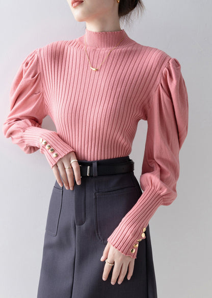 French Pink Hign Neck Patchwork Knit Sweaters Lantern Sleeve