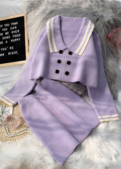 French Pink Knitted suit women's new short sweater Pullover skirt two piece set in early autumn 2021 - SooLinen