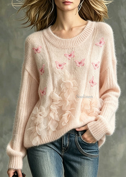 French Pink O-Neck Nail Bead Butterfly Floral Knit Sweater Fall