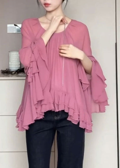 French Pink O-Neck Ruffled Patchwork Chiffon Shirts Flare Sleeve