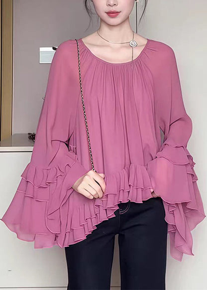 French Pink O-Neck Ruffled Patchwork Chiffon Shirts Flare Sleeve