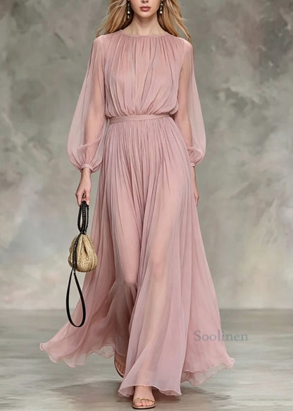 French Pink O Neck Wrinkled Chiffon Two Pieces Set Fall