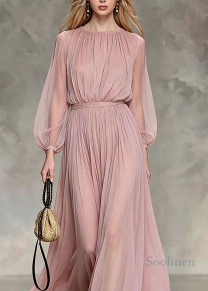French Pink O Neck Wrinkled Chiffon Two Pieces Set Fall