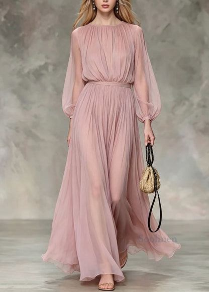 French Pink O Neck Wrinkled Chiffon Two Pieces Set Fall