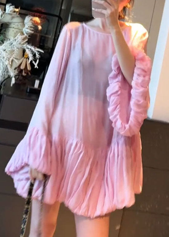 French Pink O Neck Wrinkled Patchwork Cotton Mid Dress Lantern Sleeve