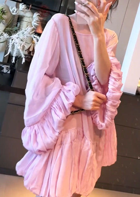 French Pink O Neck Wrinkled Patchwork Cotton Mid Dress Lantern Sleeve