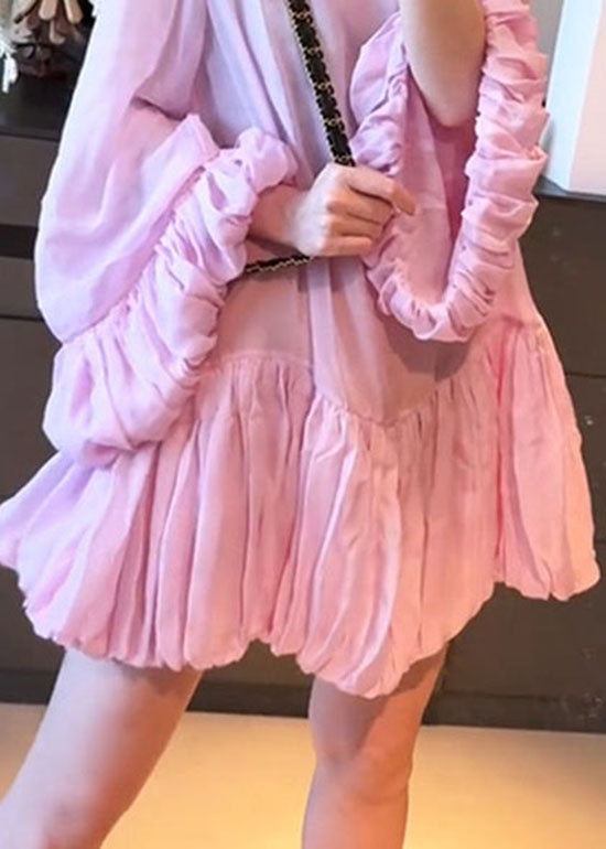 French Pink O Neck Wrinkled Patchwork Cotton Mid Dress Lantern Sleeve