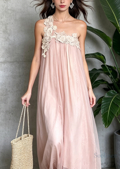 French Pink One Shoulder Lace Patchwork Tulle Dresses Summer
