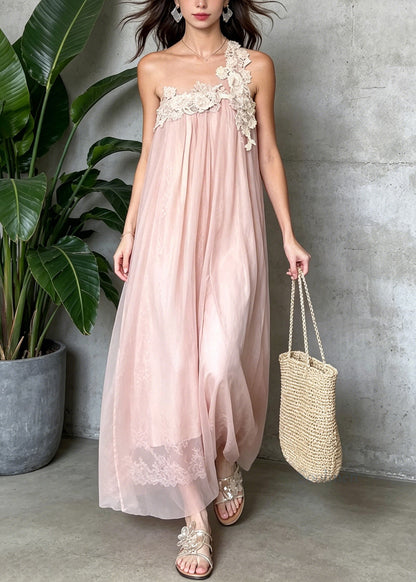 French Pink One Shoulder Lace Patchwork Tulle Dresses Summer