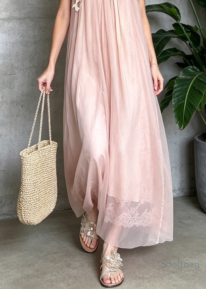 French Pink One Shoulder Lace Patchwork Tulle Dresses Summer