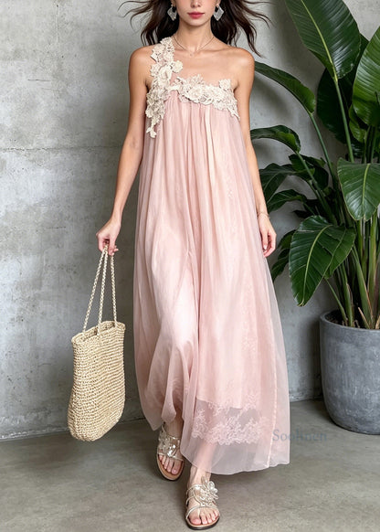 French Pink One Shoulder Lace Patchwork Tulle Dresses Summer