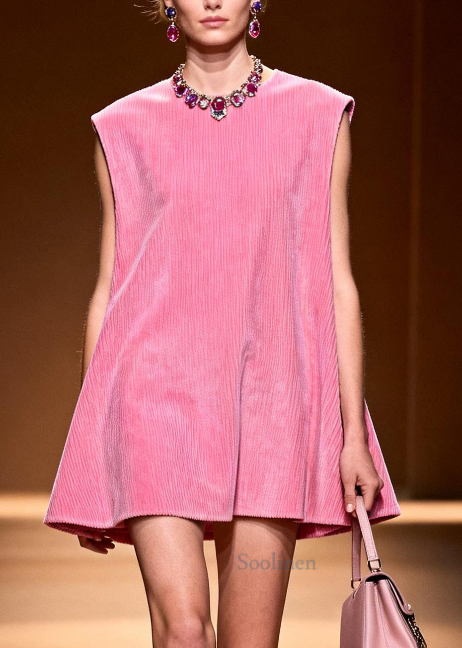 French Pink Oversized Corduroy Mid Dress Sleeveless