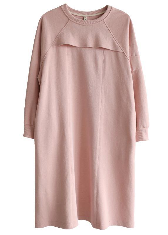 French Pink Patchwork Cotton Long sleeve Spring Vacation Dresses - SooLinen