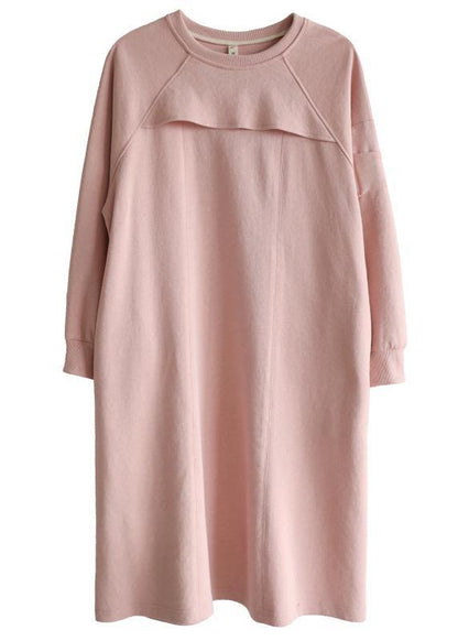 French Pink Patchwork Cotton Long sleeve Spring Vacation Dresses - SooLinen