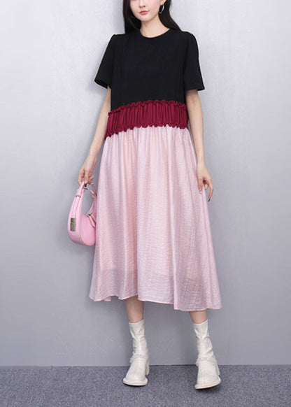 French Pink Patchwork Elastic Waist Maxi Dresses Summer