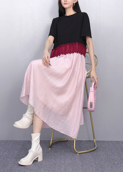 French Pink Patchwork Elastic Waist Maxi Dresses Summer