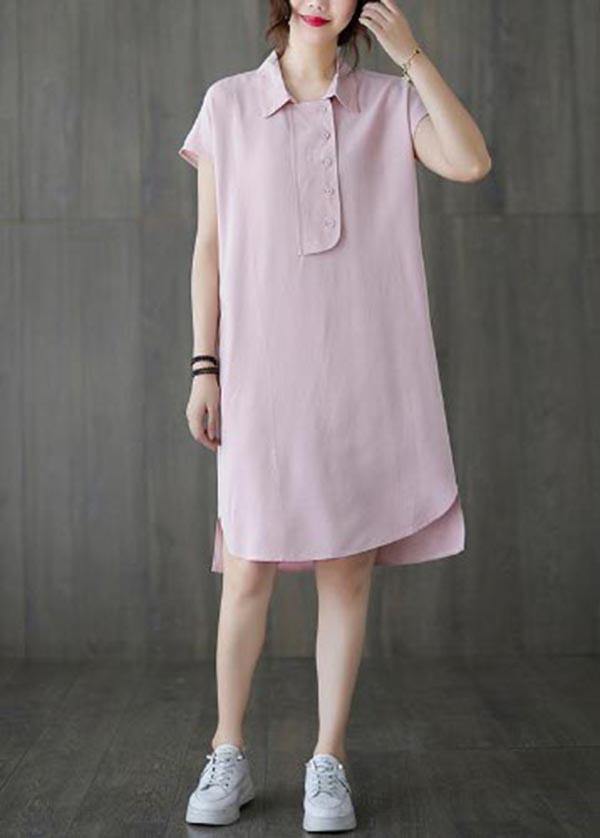 French Pink Peter Pan Collar Cotton Summer Robe Dresses - SooLinen