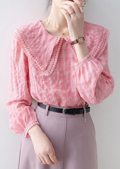 French Pink Peter Pan Collar Plaid Cotton Shirts Tops Spring