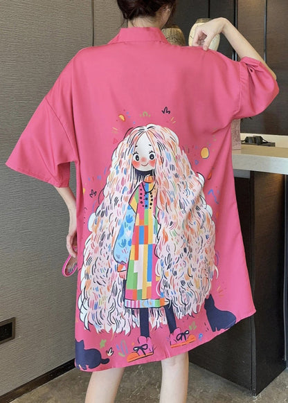 French Pink Peter Pan Collar Print Ice Silk Shirts Dress Summer
