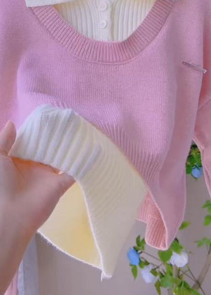 French Pink Peter Pan Collar Vest Knit Two Pieces Set Spring