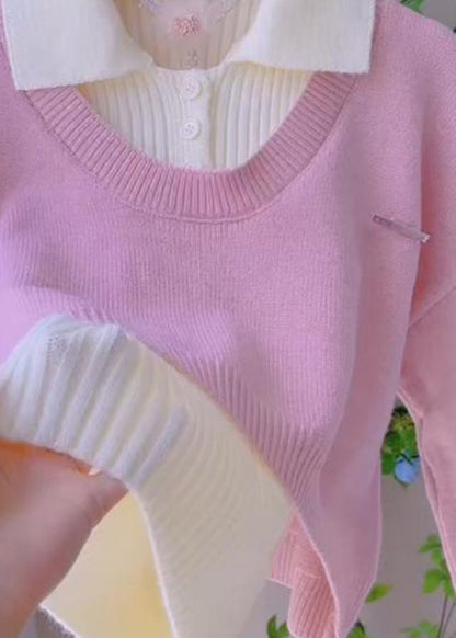 French Pink Peter Pan Collar Vest Knit Two Pieces Set Spring
