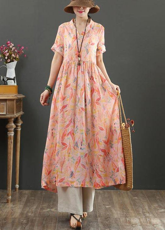 French Pink Print High Waist Summer Linen Dress - SooLinen