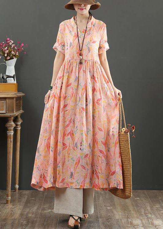 French Pink Print High Waist Summer Linen Dress - SooLinen
