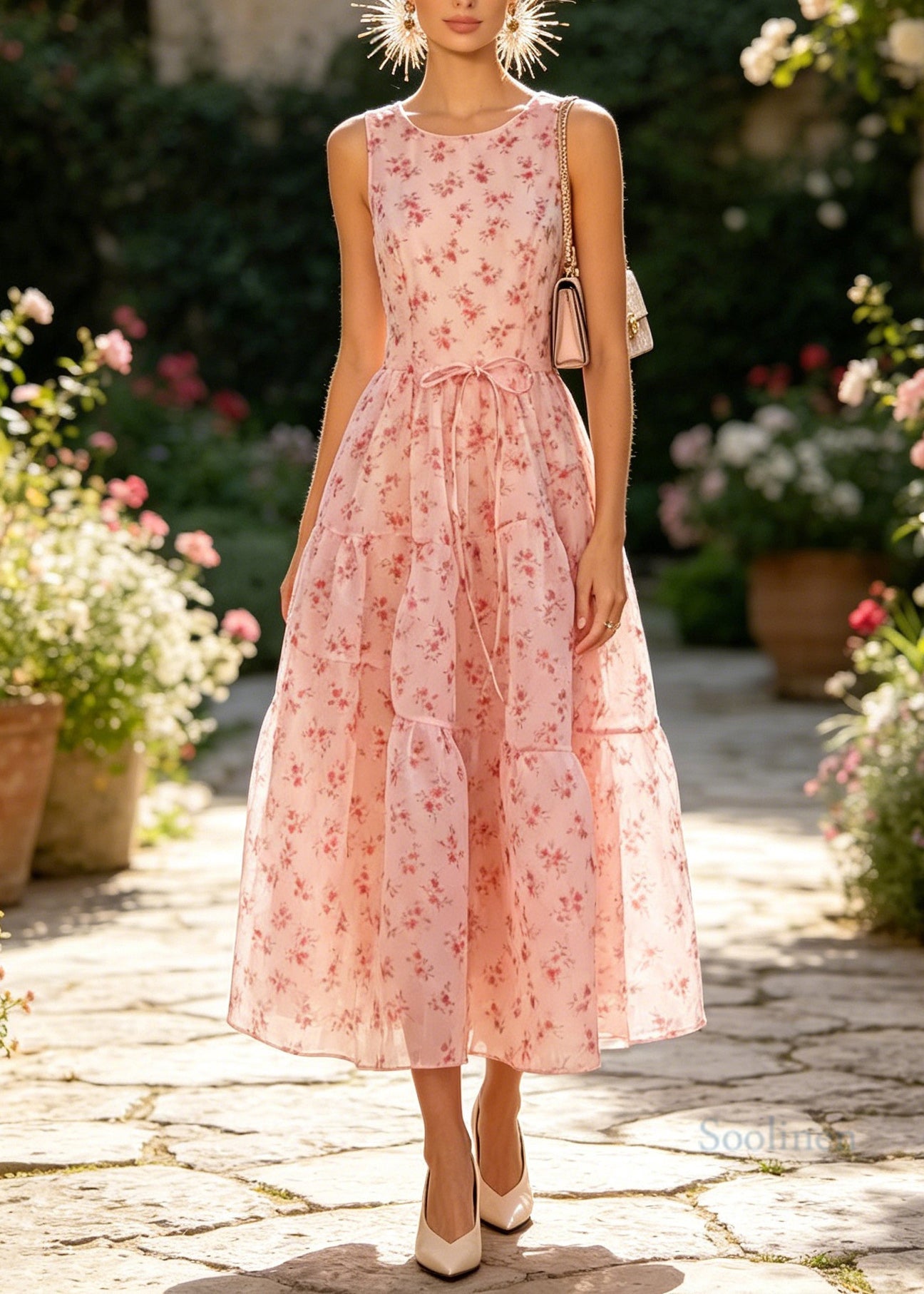 French Pink Print Wrinkled Patchwork Organza Dresses Sleeveless