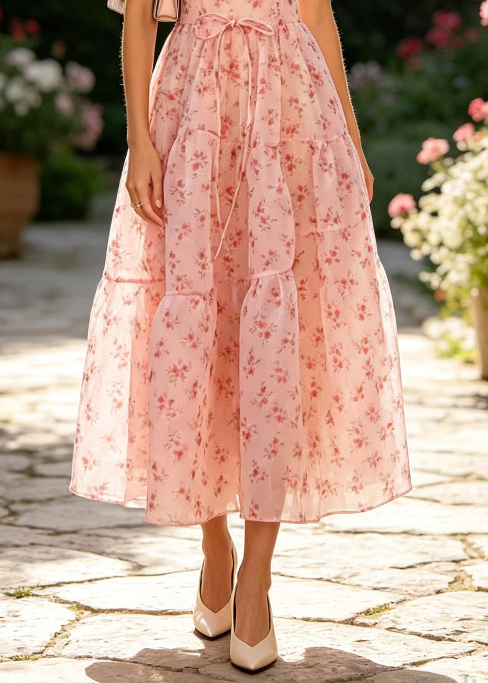 French Pink Print Wrinkled Patchwork Organza Dresses Sleeveless