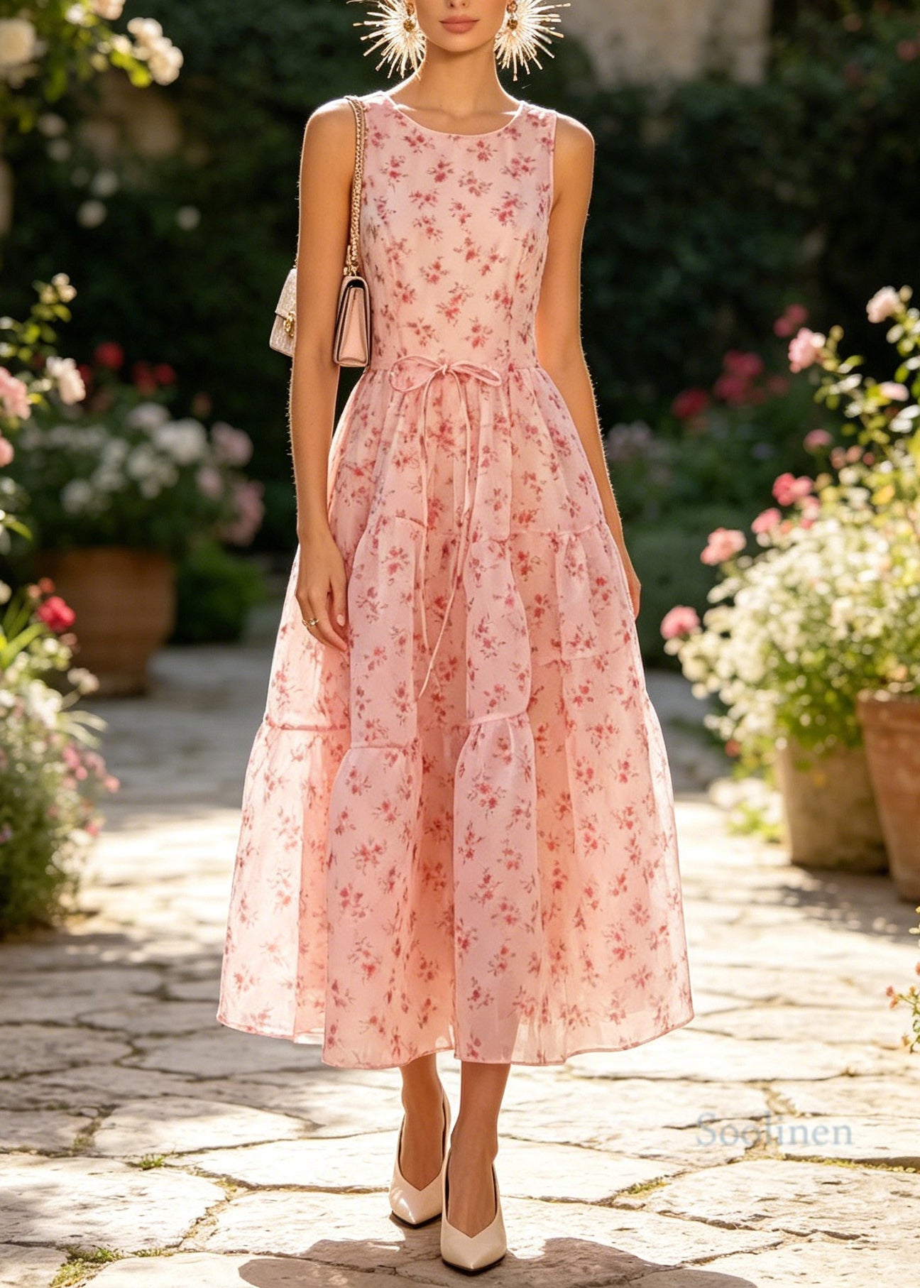 French Pink Print Wrinkled Patchwork Organza Dresses Sleeveless