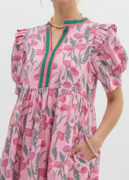 French Pink Puff Sleeve Ruffled Print Cotton Dress