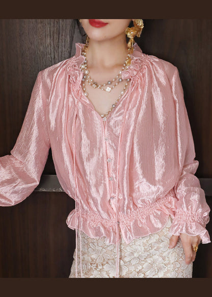 French Pink Ruffled Button Patchwork Silk Top Long Sleeve
