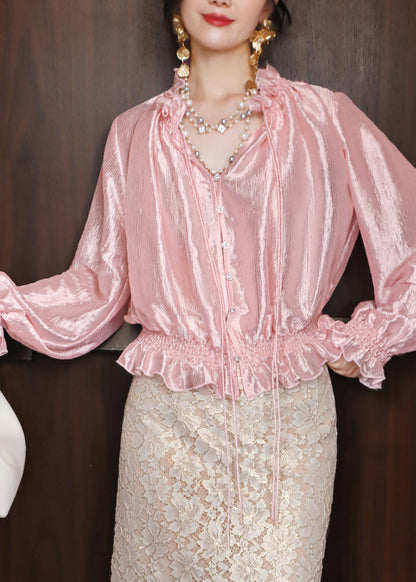 French Pink Ruffled Button Patchwork Silk Top Long Sleeve
