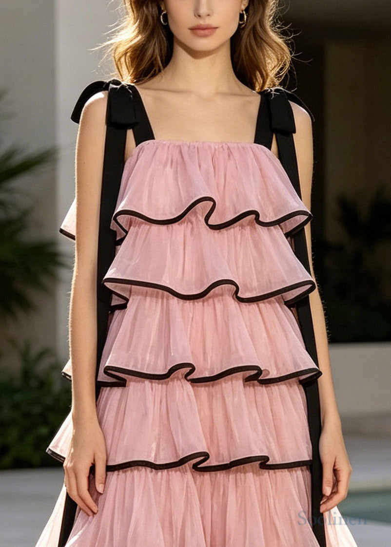 French Pink Ruffled Layered Chiffon Holiday Dress Summer