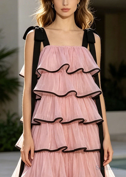 French Pink Ruffled Layered Chiffon Holiday Dress Summer