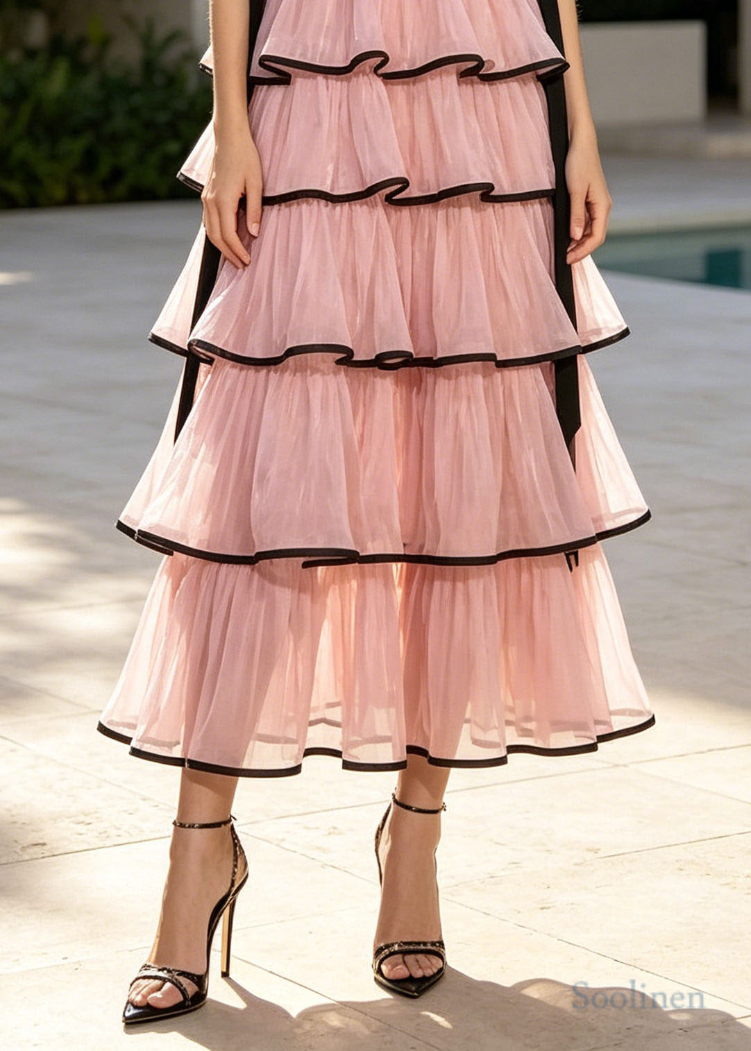 French Pink Ruffled Layered Chiffon Holiday Dress Summer
