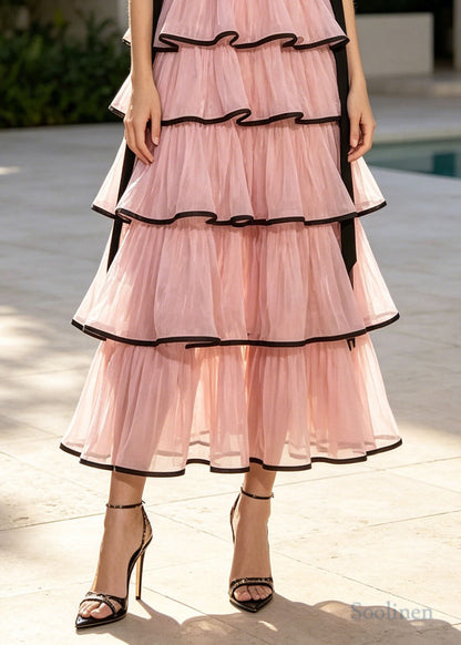French Pink Ruffled Layered Chiffon Holiday Dress Summer