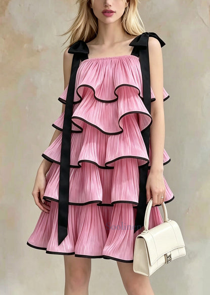 French Pink Ruffled Layered Chiffon Mini Dresses Summer