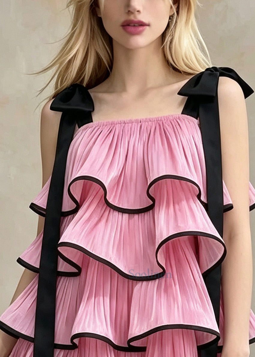 French Pink Ruffled Layered Chiffon Mini Dresses Summer