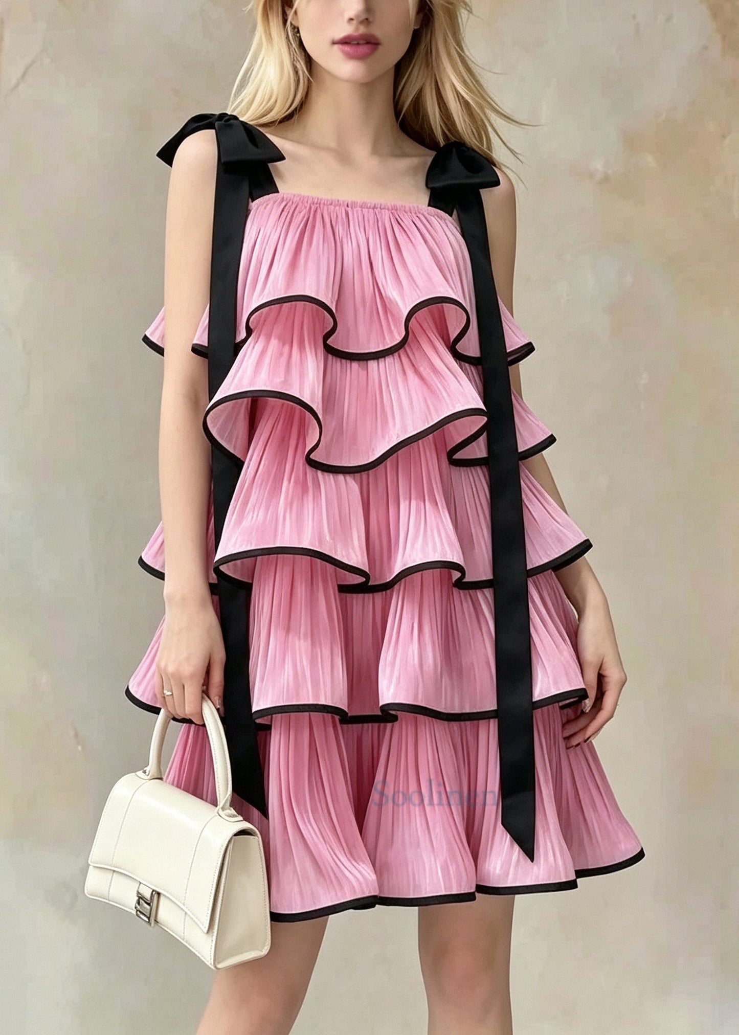 French Pink Ruffled Layered Chiffon Mini Dresses Summer