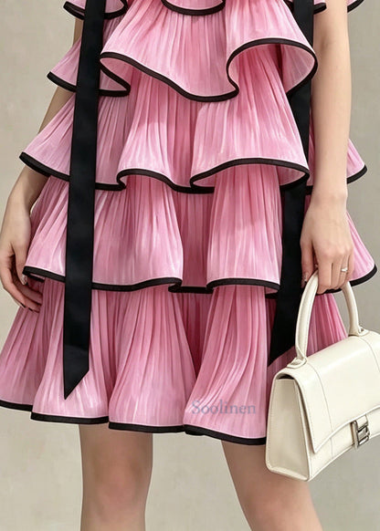 French Pink Ruffled Layered Chiffon Mini Dresses Summer