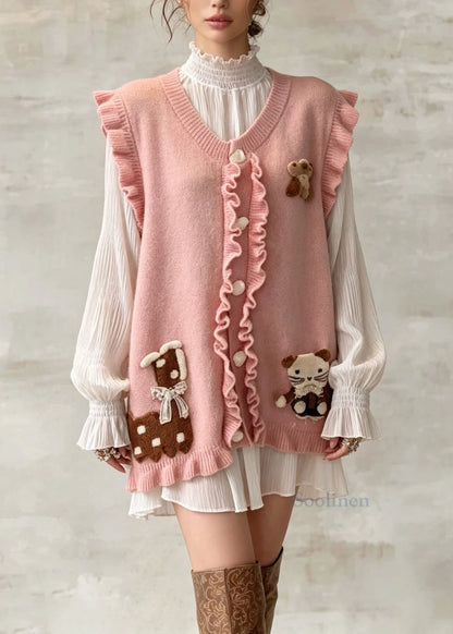 French Pink Ruffled Patchwork Knit Vest Sleeveless