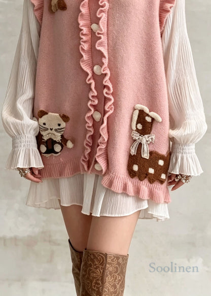French Pink Ruffled Patchwork Knit Vest Sleeveless