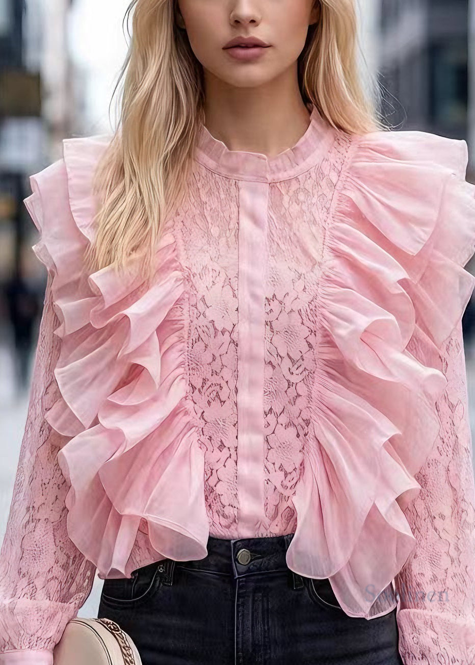 French Pink Ruffled Patchwork Lace Top Long Sleeve